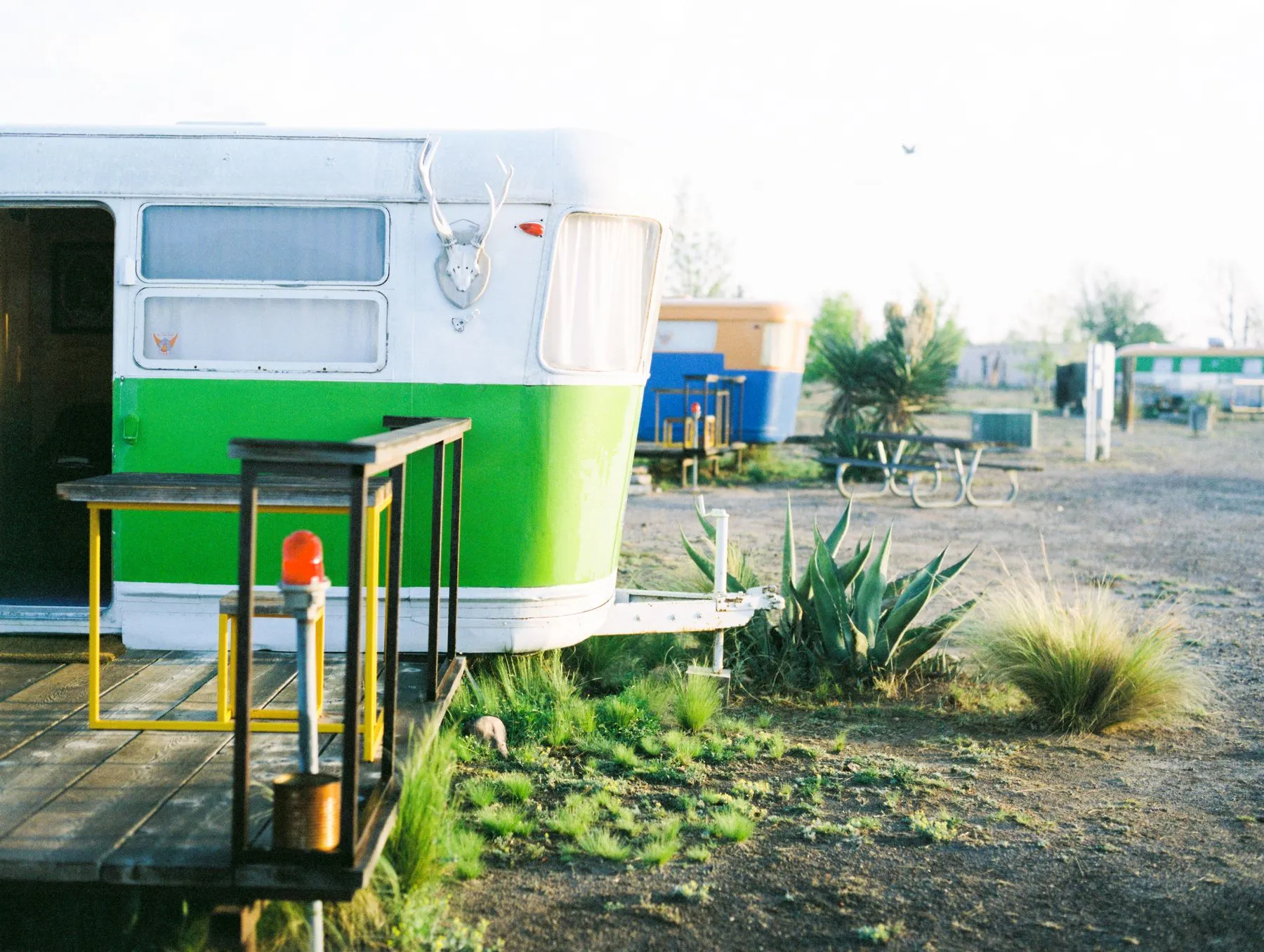 Vintage travel trailers with wooden decks set among agave and desert grasses at a campground in Marfa, Texas