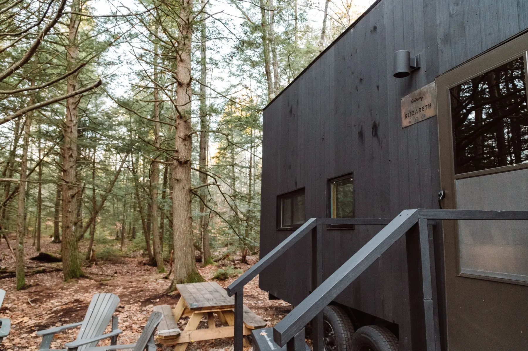 A dark-sided tiny house on a wheeled trailer in a pine wood, with metal entry steps and a picnic table beside it